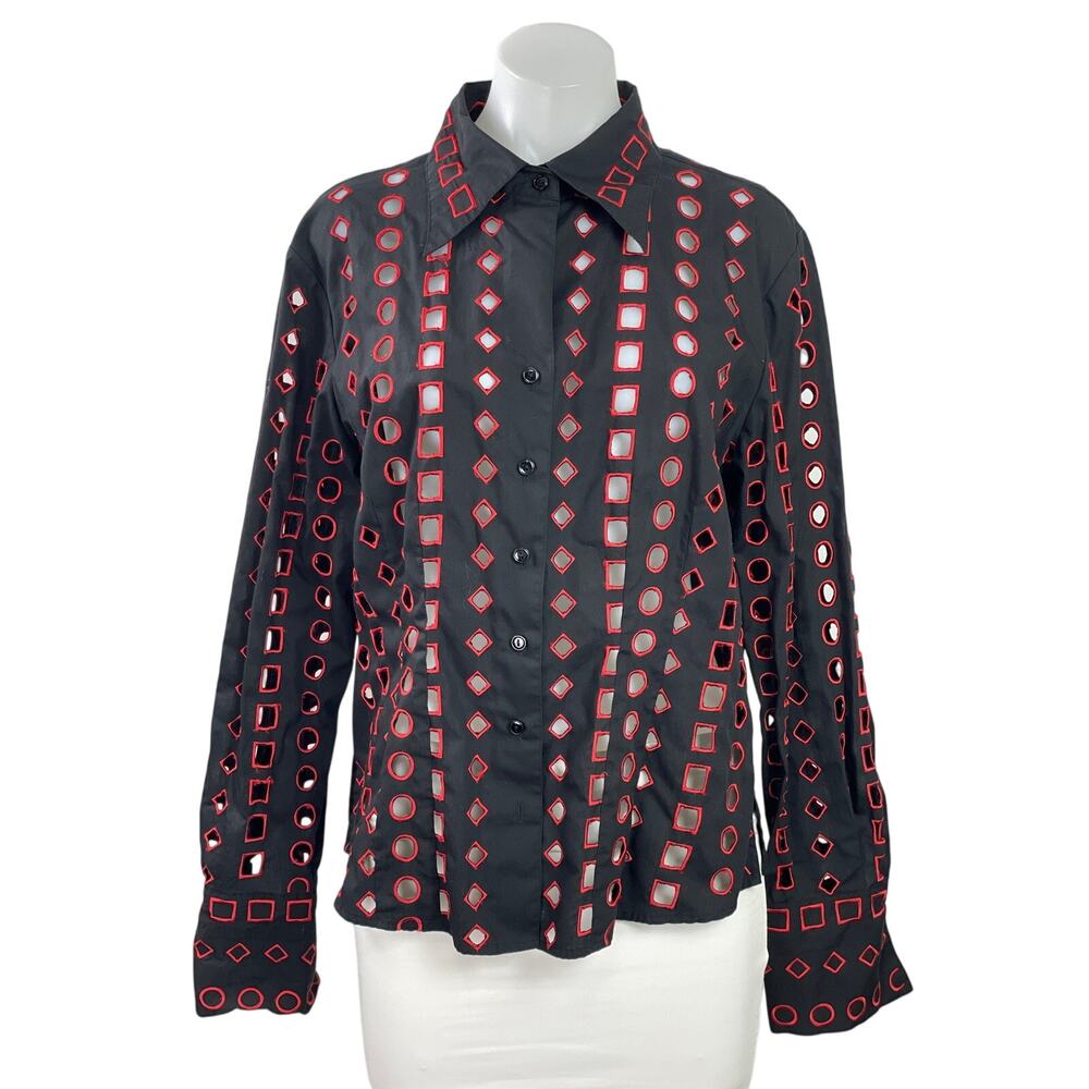 D&Y Women's Black Red Embroidered Open Long Sleeve Button Down Shirt Top Size L